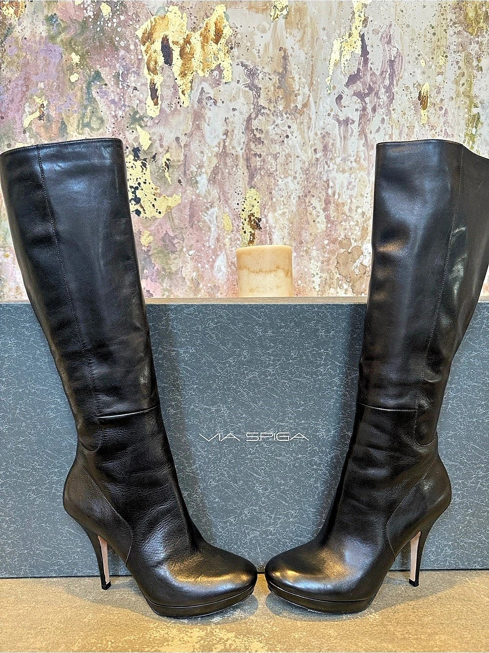 EUC Via Spiga V-Storm Leather Heeled Boots Black US 7.5